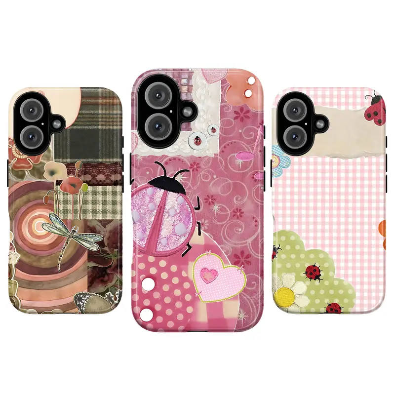 Whimsical Pink Ladybug Lace Smartphone Case - Slim, Cottagecore Aesthetic, Patchwork Polka Dot Floral, Kawaii Vintage Garden Cartoon Art, Girl-Focused Animals/Insects/Dinosaurs Casing for iPhone 11-17, Multi-Device Protection Phone Accessory
