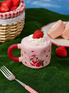 Strawberry Shortcake  300 Ml Cartoon Character & Strawberry Pattern Pink Ceramic Mug,Gift Ideas, Summer / Spring , Vacation