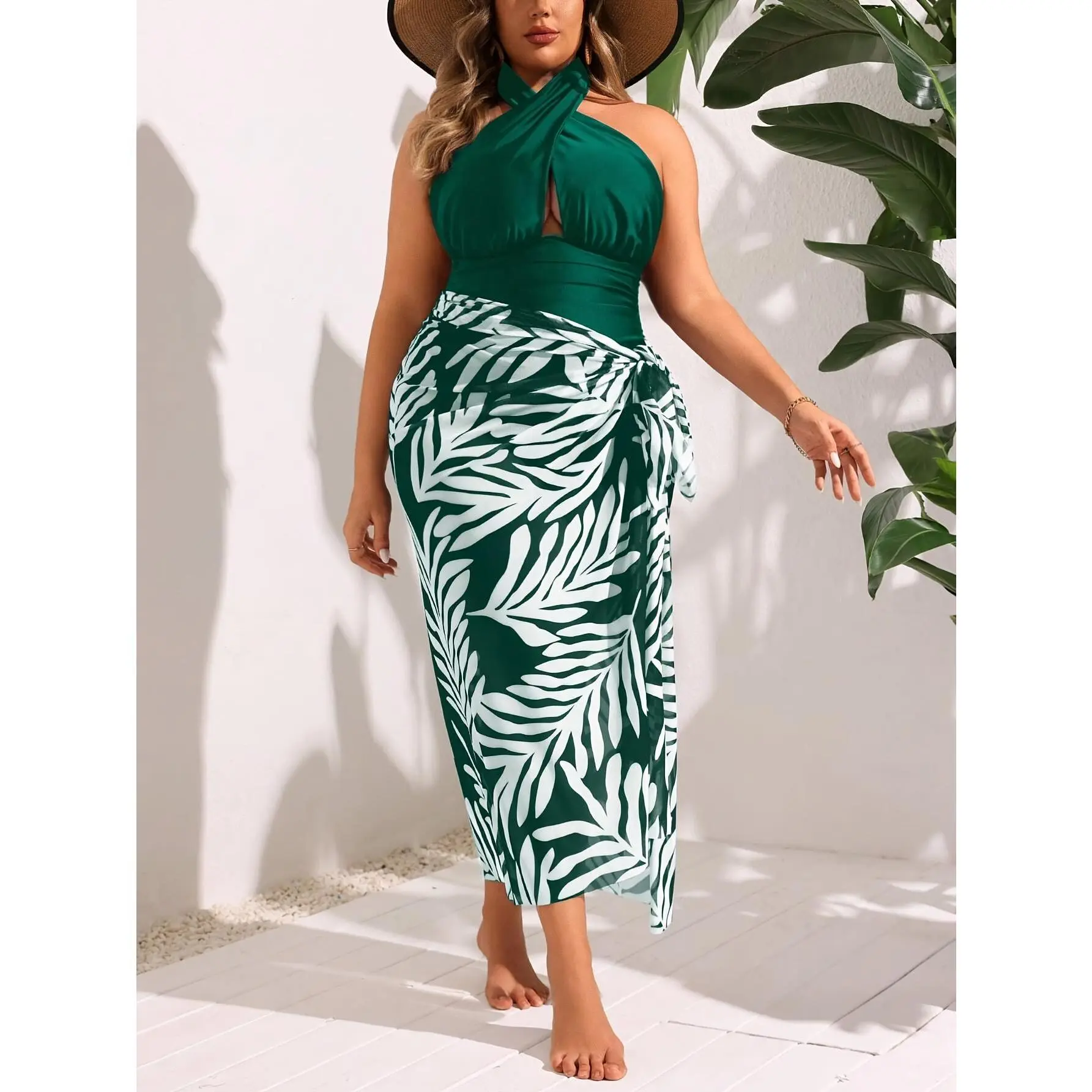 Women's Curvy Plus Size (4XL) 2-Piece Tummy Control Swim Set - Solid Dark Green Twist Halter Crisscross Cutout Swimsuit, Tropical Print Wrap Tie Midi Sarong Swimsuit Cover Ups, Poolside Beach Wear Elegant Resort Outfit, Made for Sunny Beach Days