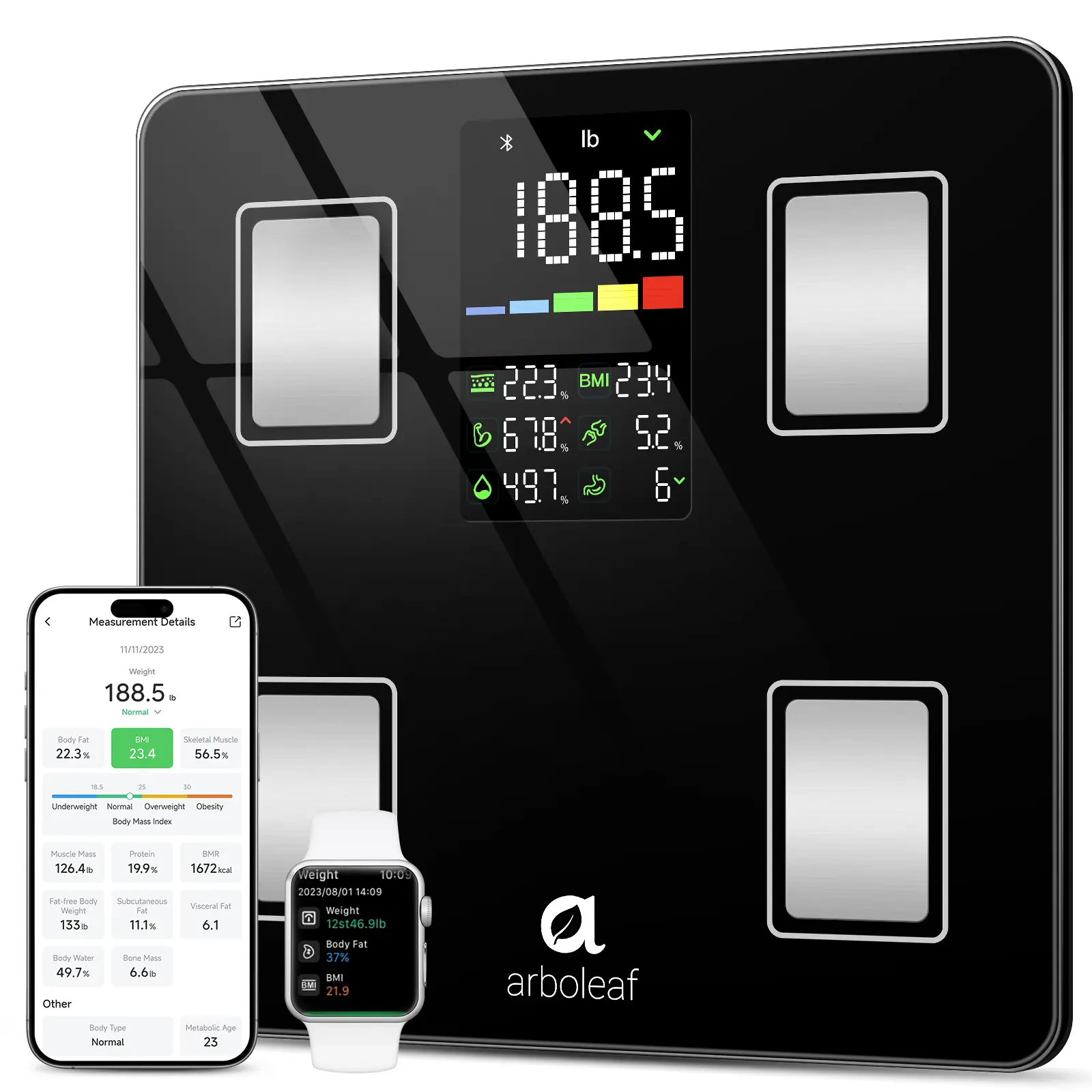 Arboleaf Smart Digital Bathroom Scale 14 Body Composition Metrics, Accurate Weight Tracking, Big LED Display, App Sync, Supports Up to 500lbs, 11.8” Large Platform