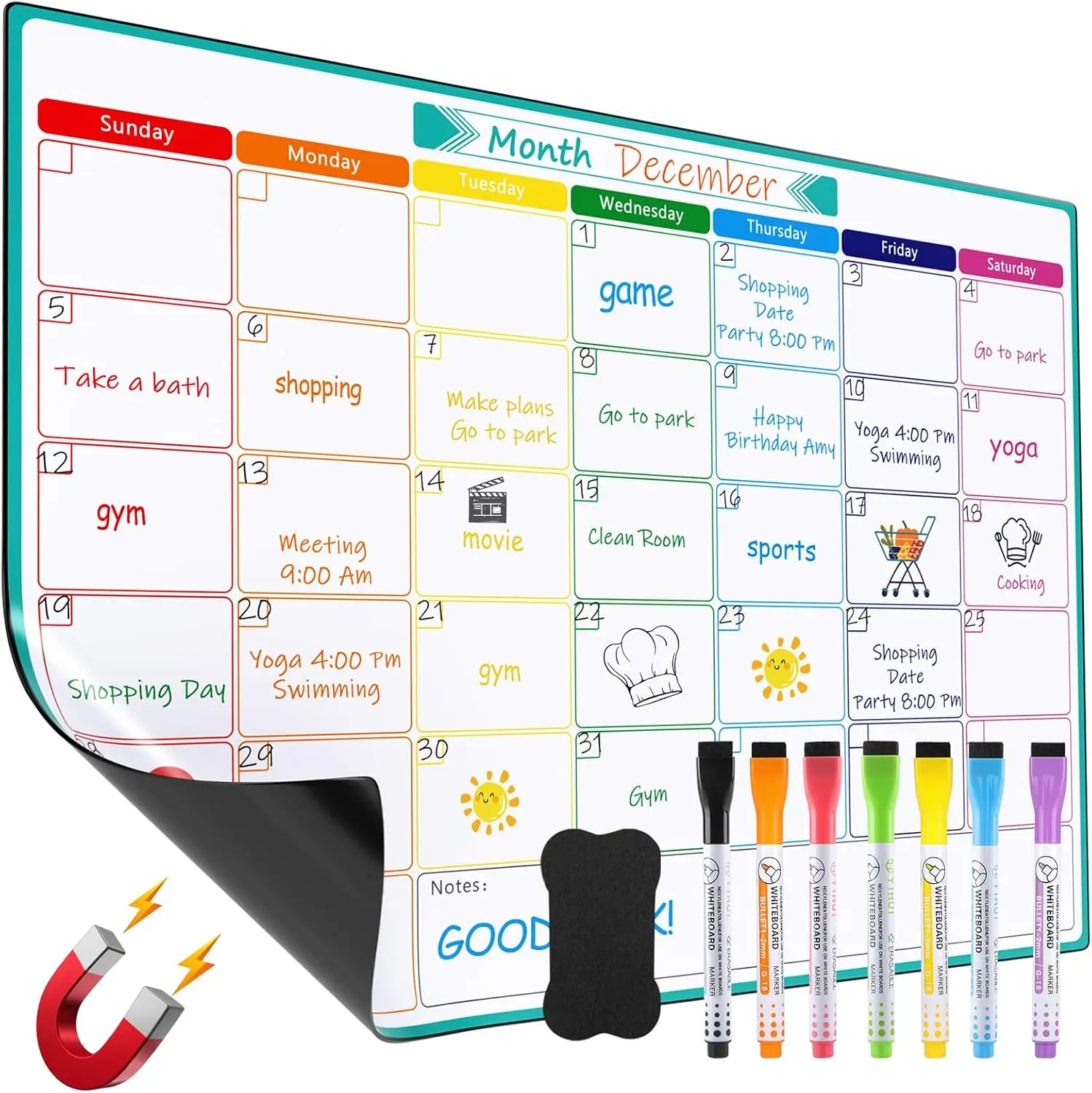 MaxGear Magnetic Dry Erase Fridge Mount Board (16"x12") – Erasable Planning Board for Busy Families, Weekly Planner, Strong Magnetic Backing, Easy Write & Clean, Stain-Resistant Surface, 7 Markers, 1 Eraser