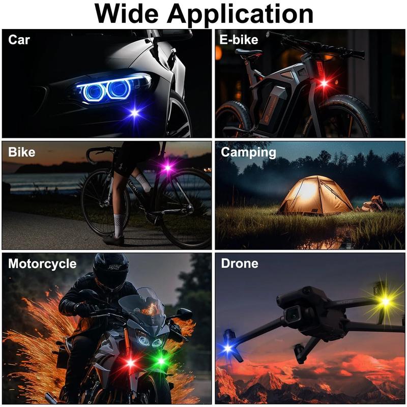 6 PCS LED strobe and position warning lights for automotive, motorcycle, and aircraft applications, including airplanes and helicopters. Features wireless control and high-visibility flash patterns underglow