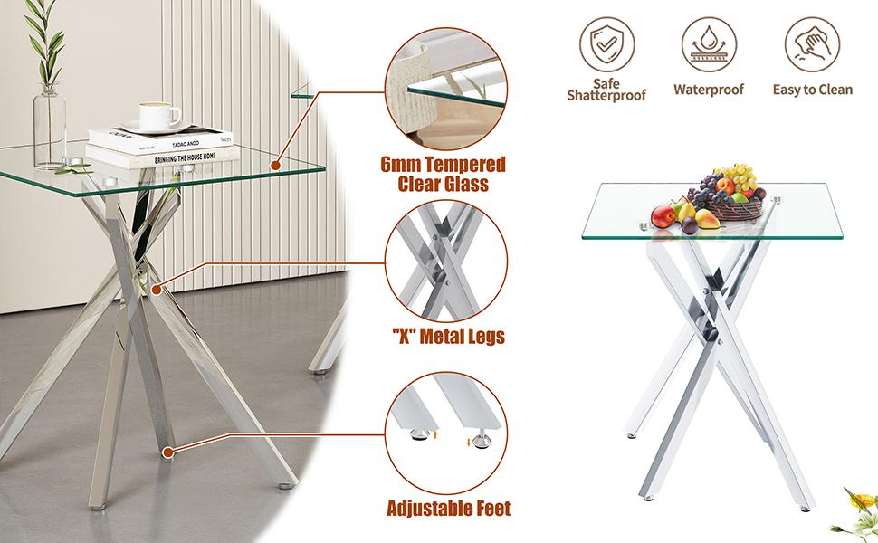 2-Piece Square Tempered Glass Side Table | 17.72" Clear End Tables set of 2 with Golden/Black/Silver Legs for Sofa/Bedroom