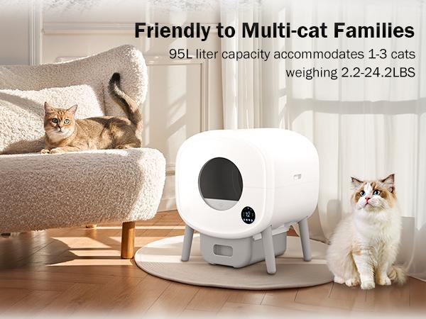 Automatic Cat Litter Box, 95 L Self Cleaning for Multiple Cats, with Safety Protection, App Control,1 Roll Garbage Bags
