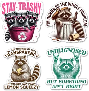 (4 Pcs) Funny Raccoon Sticker – Raccoon Gift, Stay Trashy, Sarcastic Humor Sticker for Laptop, Water Bottle, Phone, Journaling, Hard Hat, Car Bumper
