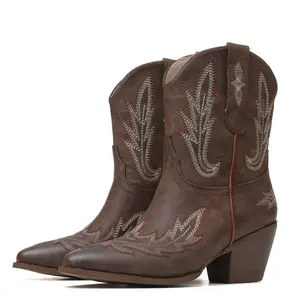 Cowboy Ankle Boots For Women Pointed Toe Chunky Block High Heel Pull On Embroidered Fashion Retro Chic Party Date Dress Concert Western Trendy Cowgirl Short Ankle Booties