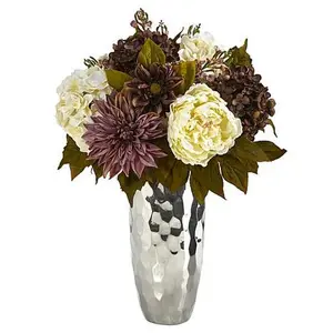 Nearly Natural 22 in. Peony, Hydrangea and Dahlia Artificial Arrangement in Silver Vase