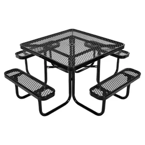 VEVOR Picnic Table, Outdoor Weather Resistant Patio Dining Furniture Set, Heavy Duty Coated Steel Tables with Umbrella Hole, 45.7 in Square Table and Bench Set, for Garden, Backyard, Porch, Black