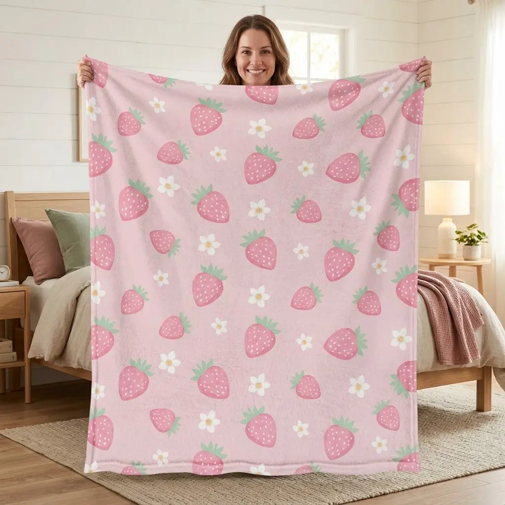 Strawberry Gifts Blanket Cute Fruit Throw Blanket |Flannel Pink Strawberry and White Flowers Pattern Blanket Gifts for Women Girls Fruit Lovers Birthday