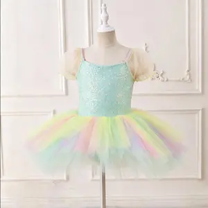 Girls Aqua Sequin Ballet Tutu Pastel Rainbow Ombre Tulle & Puff Sleeve Dance Recital Dress