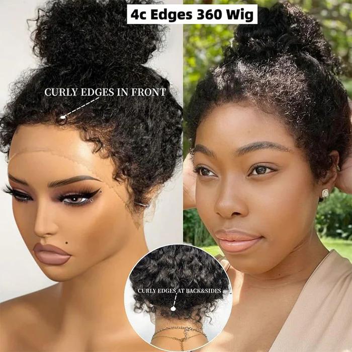 Pizazz Hair 4C Curly Edges Hidden Strap 360 Curly Lace Front Human Hair Wig Pre Bleached Knots with Curly Baby Hair All Around