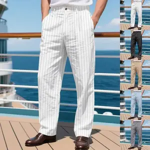 American Men's Spring And Autumn Linen Loose Breathable Simple Casual Striped Design Suit Trousers