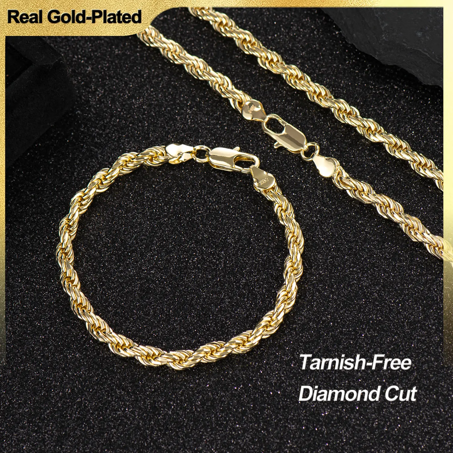 Holylegend 14K Gold-Plated Rope, Cuban, Figaro Set, 24"  Length, Necklaces & Bracelet,Cuban link chain,Father's Day Gift
