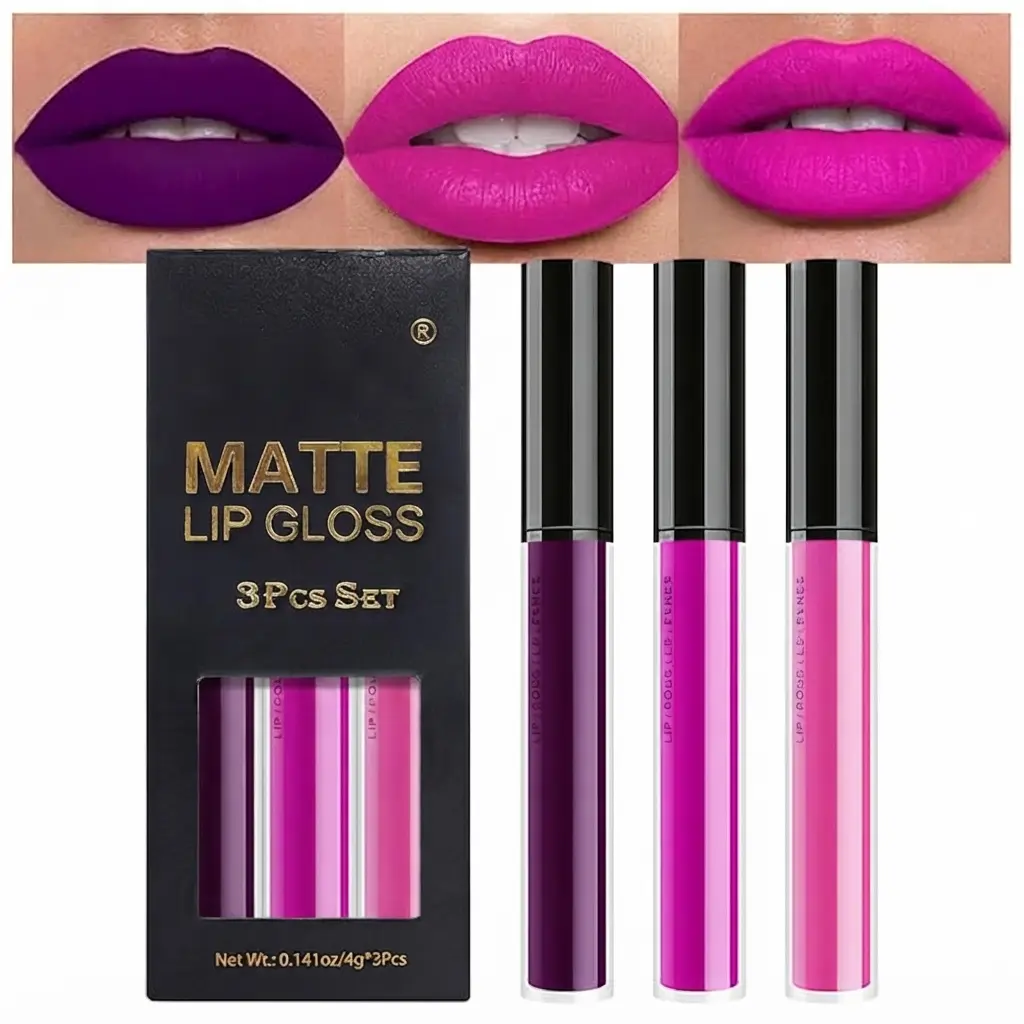 3Pcs Purple Hot Pink Fuchsia Red Matte Liquid Lipstick Lip Stain Sets for Women, Matte Lipstick Long Lasting Waterproof Permanent 24 Hours original, Lip Sticks Pack for Halloween Daily Makeup