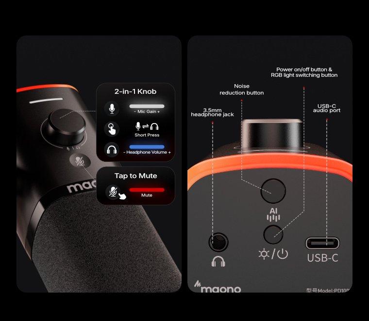 Maono PD100W Wireless & USB gaming microphone for podcast recording, meeting, dynamic RGB mic with quick mute, headphone jack, gain knob, volume control, desktop mic for PC Gamer. widely compatible with PCs, smartphones, laptops, PS4, and PS5.