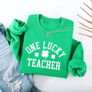 One Lucky Teacher Adult Sweatshirt - Green Varsity Lettering Shamrock Accents Soft Cozy St Patrick's Day Teacher Outfit