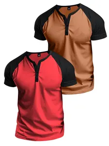 2-Pack Men's Summer Lightweight Color-Blocked Raglan Sleeve Henley Shirt Short-Sleeve T-Shirt Fashionable Daily Casual Vacation Sports Travel Gift for Boyfriend/Husband Basketball Camping Fitness