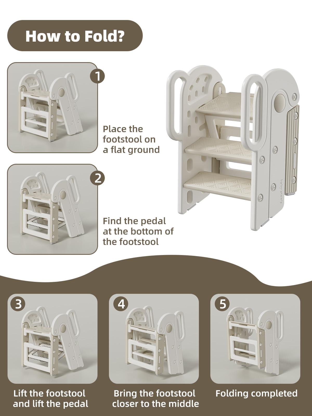 Toddler Step Stool for Bathroom Sink,Adjustable 3 Step Stop for Kids with Handles,Toilet Stool Potty Training,Foldable Step Stool for Bedroom Kitchen Counter,Plastic Ladder for Toddlers Beige