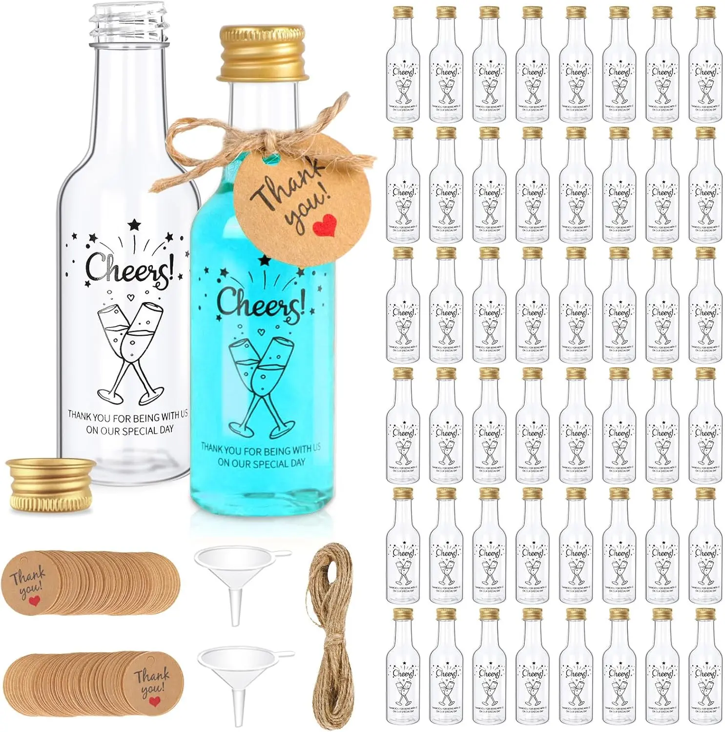 50 Pack Mini Liquor Bottles, 1.7oz/50ml Mini Shot Bottles with Gold Screw Caps Funnels Tags & Twines, Empty Wine Bottles for Juice Alcohol Homemade Liquor Birthday Wedding DIY Party Favors