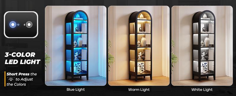 BROTTAR Arched Display Cabinet with Glass Doors, 71" Narrow Curio Cabinet with LED Lights for Collectibles Bookcase, 5-Tier Showcase Glass Display Case with Human Body Sensor for Living Room, Black