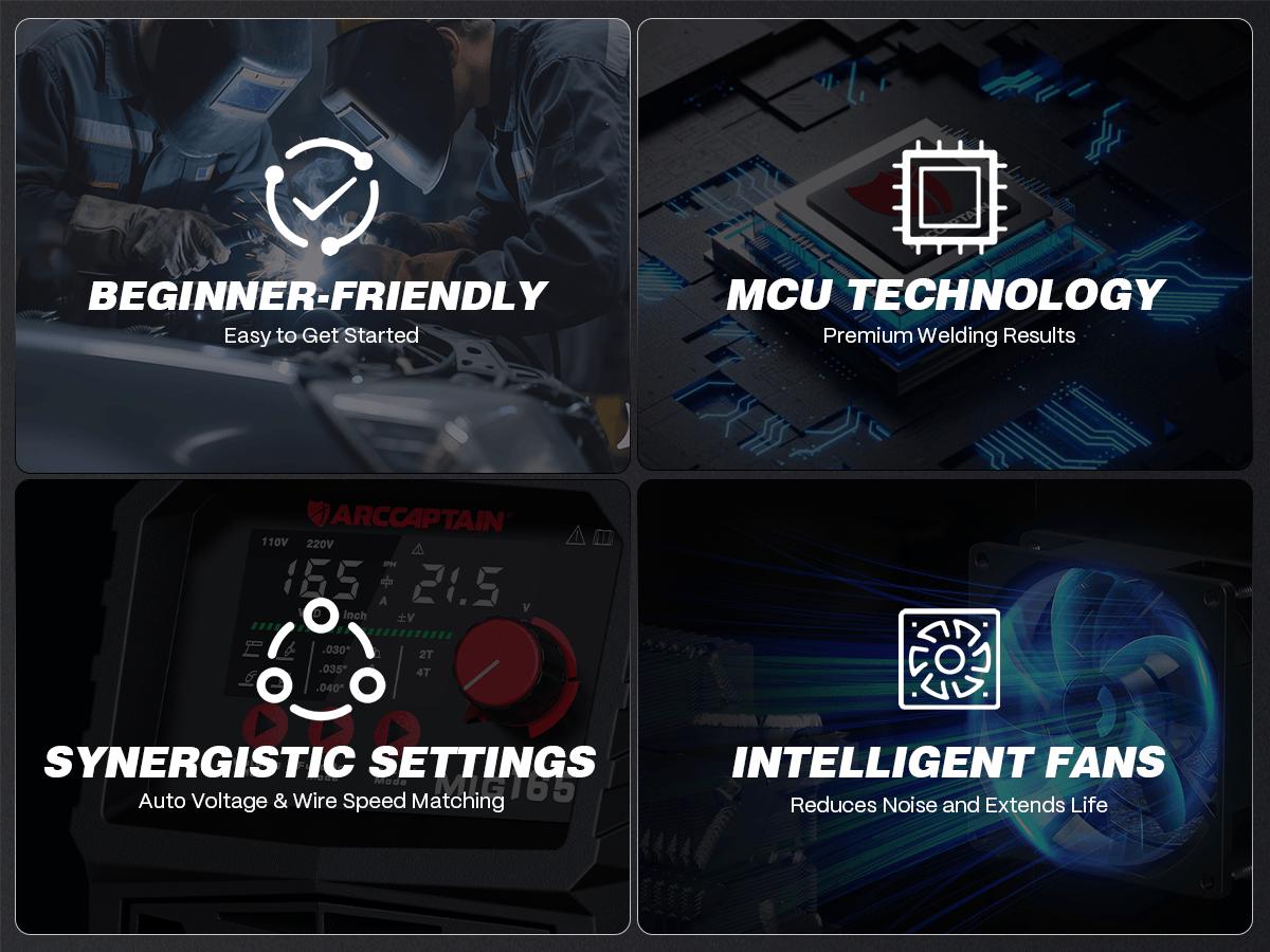 Arccaptain MIG165A MIG Welder 110V/220V, 2025 Newest [Large LED Display] 4 in 1 Gasless/Gas MIG/Lift TIG/Stick Welding Machine Multiprocess Welder Machine, IGBT Inverter Welder with Synergy, 2T/4T, Black Friday Deals, Best Gift for Man and Dad