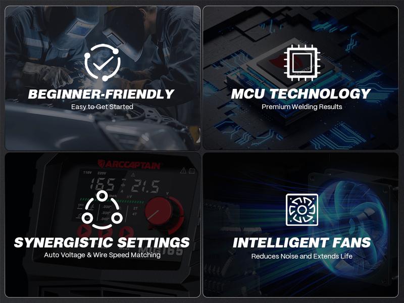 Arccaptain MIG165A MIG Welder 110V/220V, 2025 Newest [Large LED Display] 4 in 1 Gasless/Gas MIG/Lift TIG/Stick Welding Machine Multiprocess Welder Machine, IGBT Inverter Welder with Synergy, 2T/4T, Black Friday Deals, Chrsitmas Gift for Man and Dad