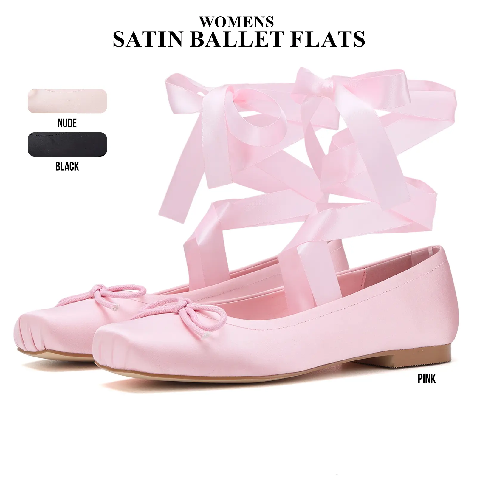 CYNLLIO Womens Satin Ballet Flats Closed Square Toe Chunky Flat Block Heel Elegant Lace Up Bownot Ribbon Ballerina Pumps Strappy Mary Janes Slip On Comfy Wedding Party Casual Work Dating Fashionable Summer Flat Shoes