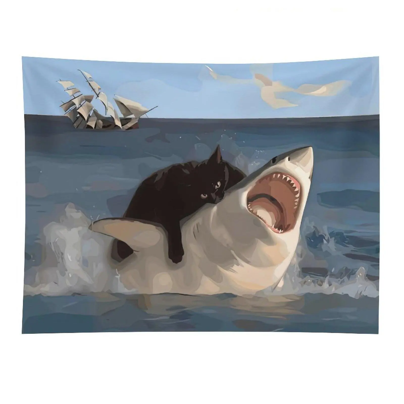 Black Cat Riding Shark Tapestry Funny Ocean Animal Art Wall Hanging for Bedroom Dorm Decor