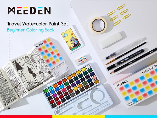 MEEDEN Travel Watercolor Paint Set: 50 Colors Watercolor Paints for Beginner with Brushes & Concertina Coloring Book - portable Water Color Kit for Adult Painting On the Go MEEDEN Travel Watercolor Paint Set: 50 Colors Watercolor Paints for Beginner with Brushes & Concertina Coloring Book - portable Water Color Kit for Adult Painting On the Go