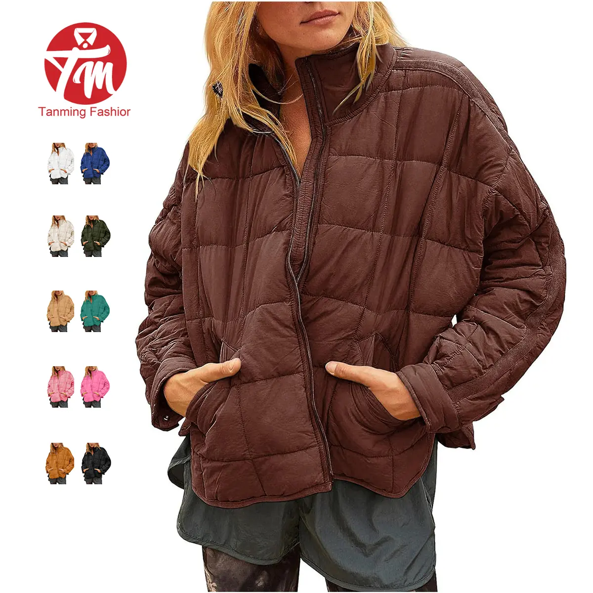 Tanming Women's Casual Quilted Puffer Jacket, Lightweight Packable Fabric Outerwear with Snap Button Cuffs for School, Everyday & Outdoor Wear, Casual Chic, Loose Fit, Cold Weather, Mid Length, Zipper, Polyester Nylon, Packable Light, Split‑Hem Freedom