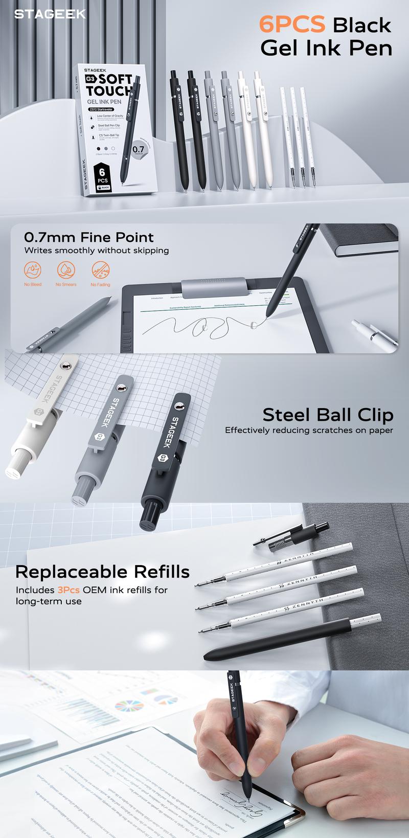 Black Gel Pens, 6Pcs 0.7mm Quick Dry Black Ink Pens with 3 Extra Refills, Fine Point Smooth Writing Pens for Journaling, Office, Note Taking, School Supplies, Nurse Aesthetic(Black Gray White&Gradient)