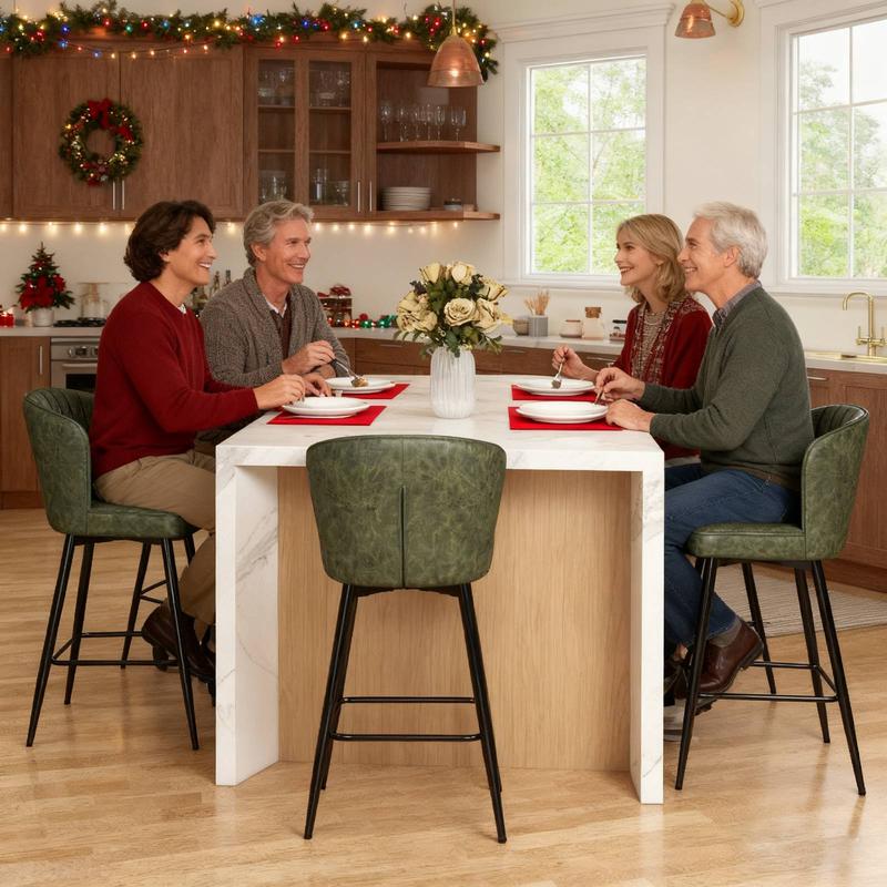 DAYALANE [Valentine's Day]25.5 Inch Modern Green Counter Stool (Set of 2) Armless Bar Chairs with Metal Legs Mid Century Upholstered Kitchen Island Chairs Fixed Back PU Faux Leather Ergonomic Design Stable Base