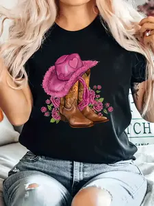 Women's Black Cartoon T-Shirt: Pink Cowboy Hat-Boots & Flower, Crew Neck Cotton Loose, SS-Autumn Machine-Washable, Retro Denim Style