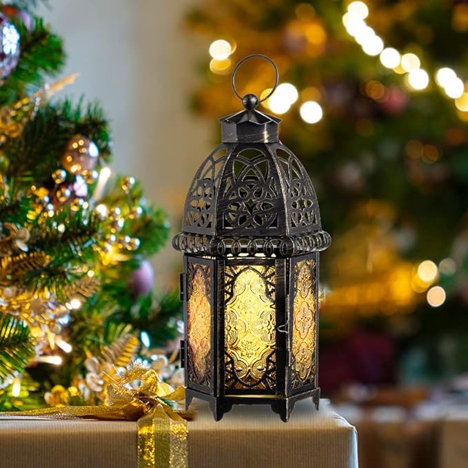 Vintage Large Size Decorative Moroccan Candle Lantern, 12.8’’ Metal Hanging&Tabletop Lantern Candle Holder Decor, Halloween Christmas Ramadan Decorations for Home Indoor Outdoor Patio (Amber) Ornaments