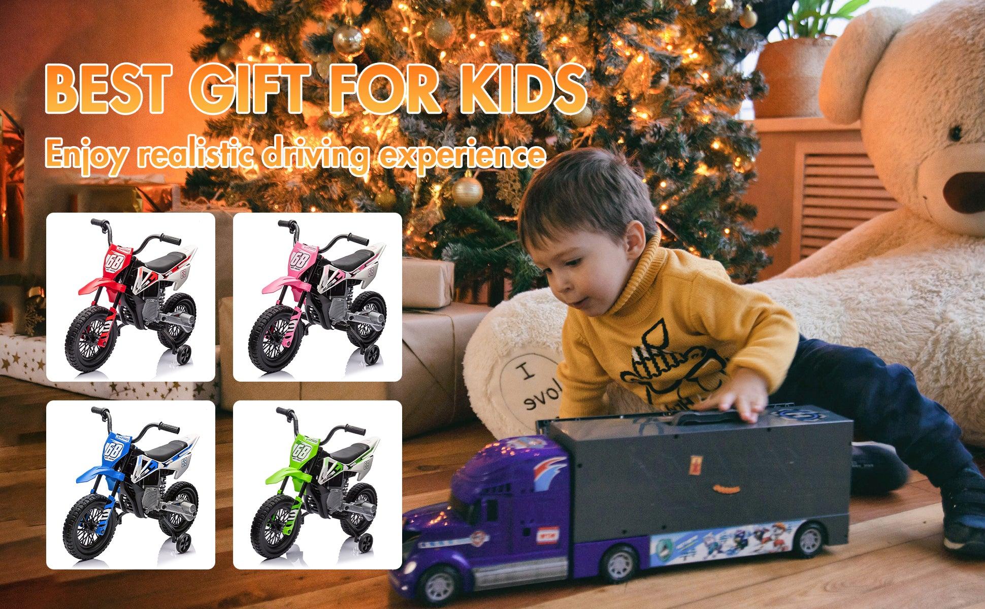 【GARVEE】12V Electric Dirt Bike with Dual 25W Motors, Twist Grip Throttle, Spring Suspension, Training Wheels, and Ride-On Toy in Green, Pink, Blue, and Red Colors