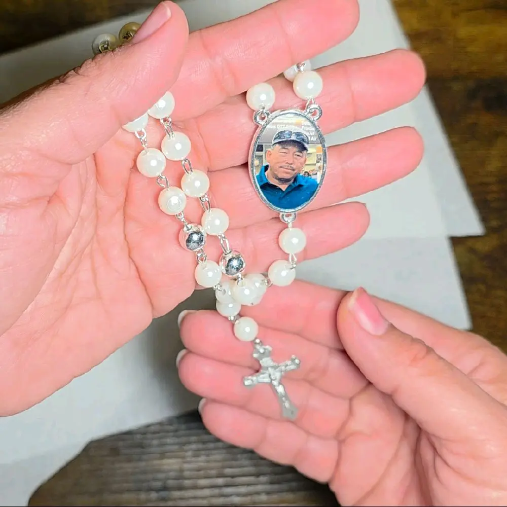Customizable Rosaries with Personalized Photo and Silver Cross Charm for Personalized Prayer Accessories.