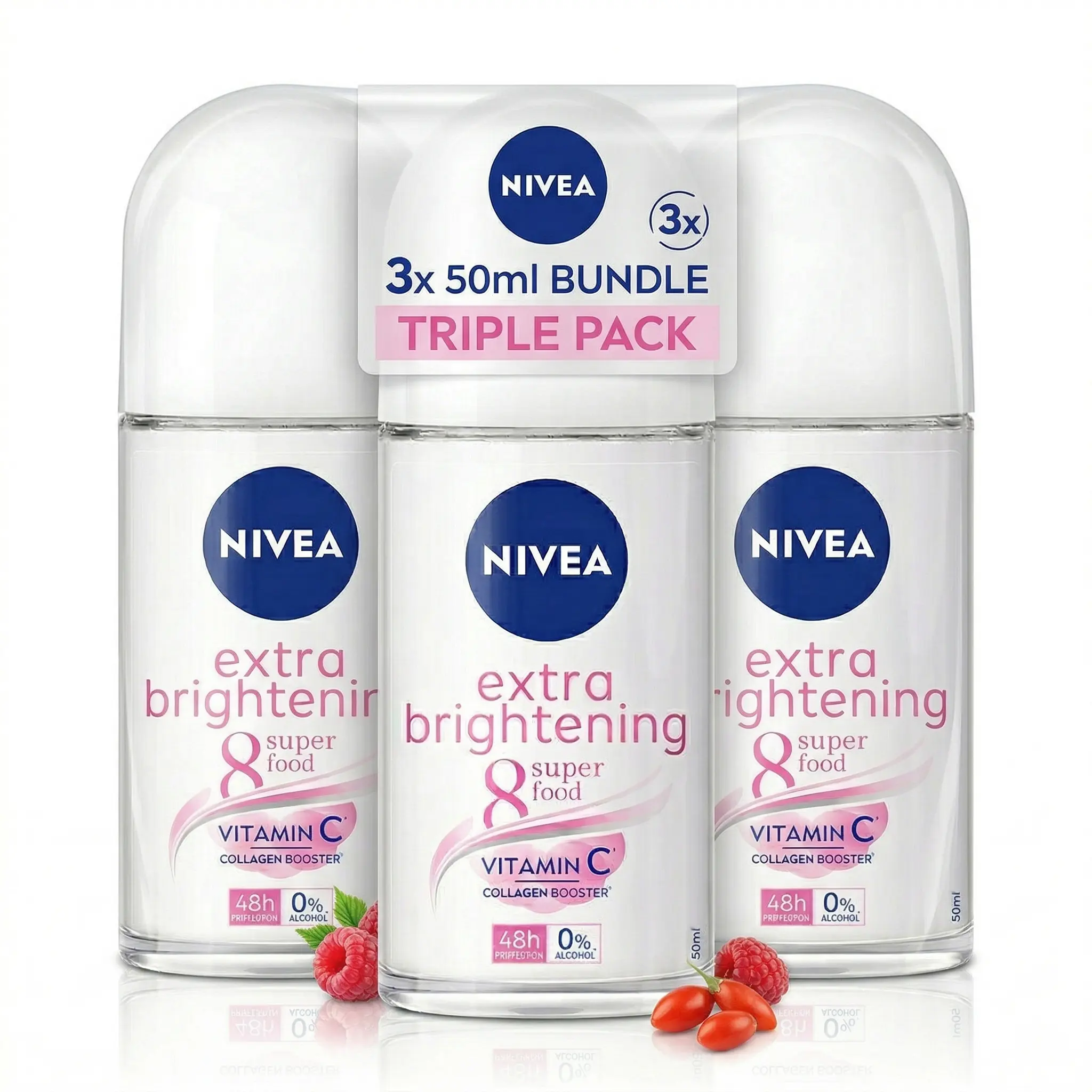 NIVEA Women's Roll-On Deodorant Extra Brightening 3-Pack with Vitamin C (1.7oz/50ml) - 48H Protection, Alcohol-Free, Non Aerosol, Long Lasting Armpit Care Body Care Deodorant Cosmetic Beauty Product, Deodorants