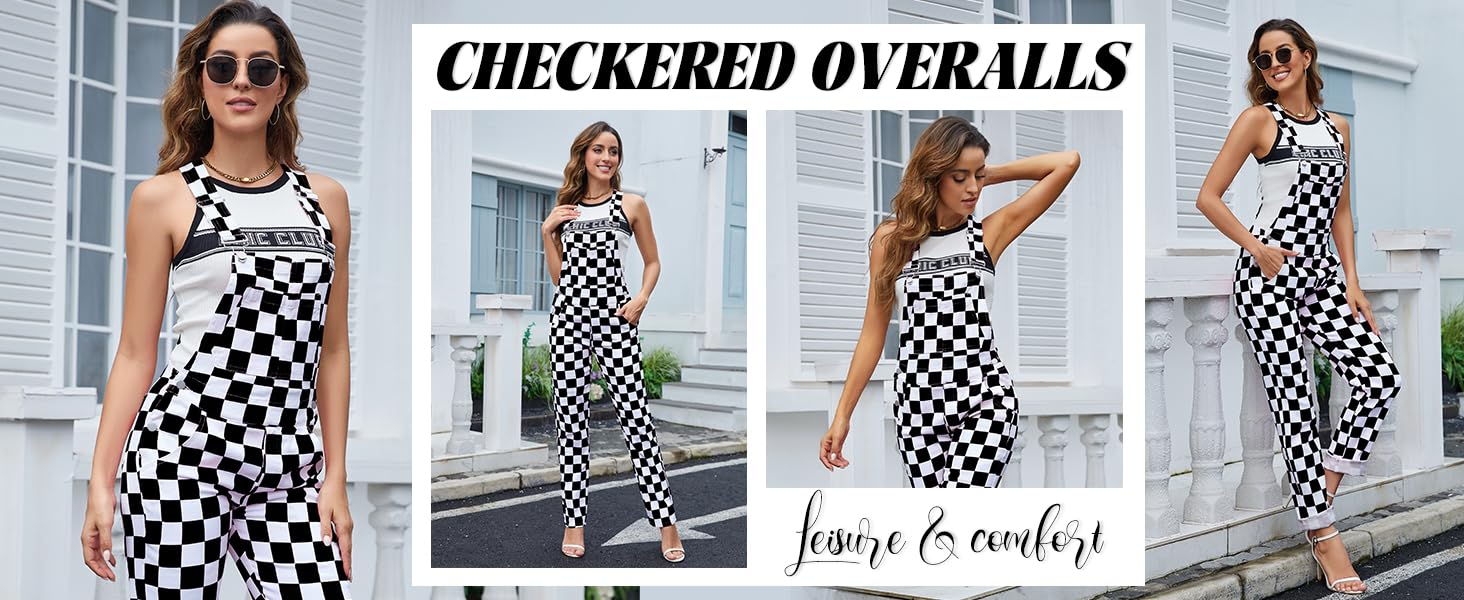ODEFOU St. Patrick's Day Checkered Overalls for Women Stretch Plaid Print Football Game Outfit Fashion Jean Jumpsuit Cute Denim Bibs Coveralls Sleeveless Clothes Spring Fall Winter Festival Vibes Womenswear