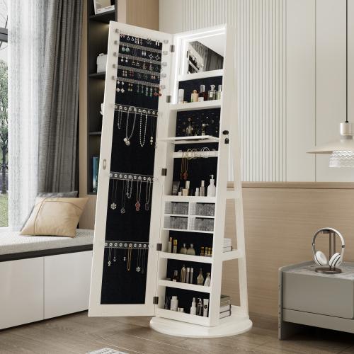 360°Swivel Jewelry Cabinet with Full Length Mirror, 360°Rotating Standing Jewelry Armoire Organizer, Lockable Storage Cabinet, Interior Lighted Mirror,