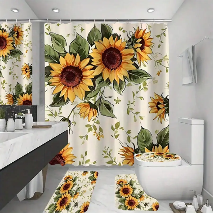 1/4pcs Sunflower Bathroom Decor Set 2D Flat Shower Curtain And Toilet Seat Cover - Vibrant Floral Design, Waterproof, Anti-Slip, Absorbent, Practical Home Decor Gift, Polyester, Machine Washable, All Season, Bathroom Decor Accessories, Shower Curtain Set