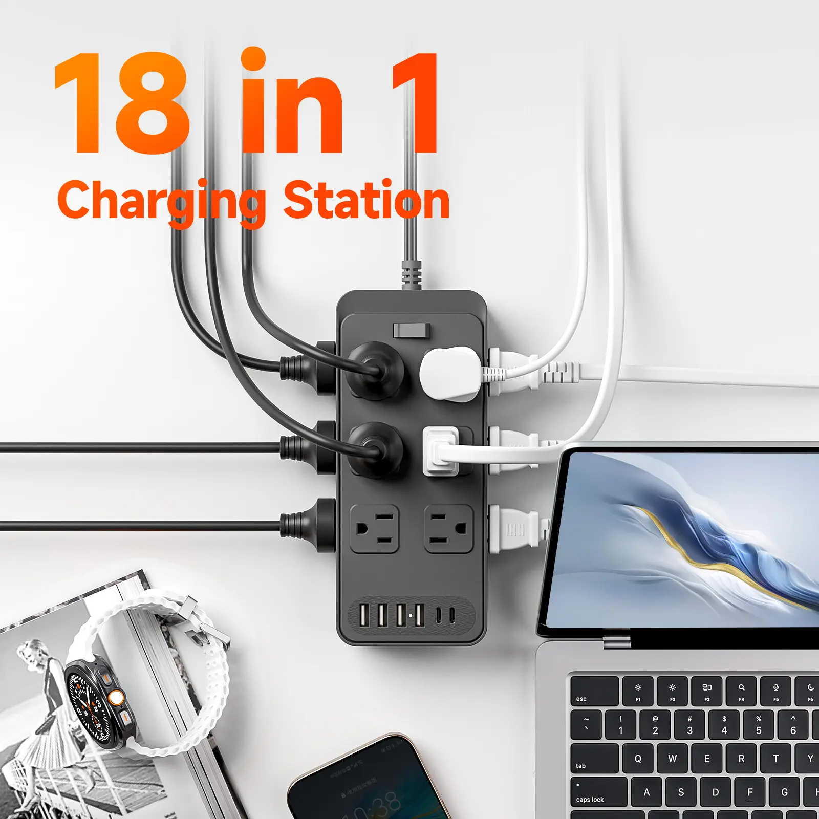 18 in 1 Surge Protector Power Strip Charging Station, 12 AC Outlets + 6 USB Charging Ports, 5FT Flat Extension Cord, Wall Mountable Multi Plug Outlet, Fireproof Overload Protection Power Strip for Home Office Dorm Bedroom