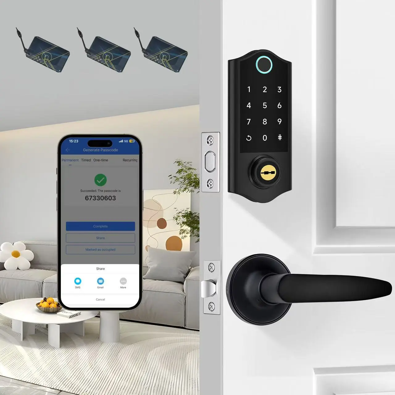 Fingerprint Door Lock with 2 Lever Handles Set, Keyless Entry Door Lock with Handles, Electronic Door Lock Set with Code, Door Lock Set for Front Door, Auto Lock, Touchscreen Keypad with Key, Black, Satin Nickel, Aged Bronze