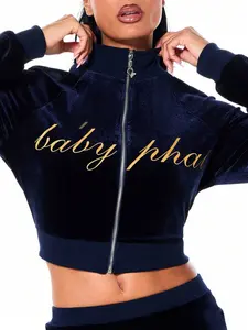 ENTERPRIZZE BABYPHAT Navy Blue Velour Zip Up Cropped Sweatshirt With Gold Embroidered Script Detail Long Sleeve Shrunken Fit Fall Winter Casual Top