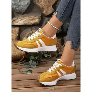 Women's Sporty Patchwork Sneakers, Casual Walking Sneakers, Textile & PU Material, Casual All-Season Footwear, Comfortable Breathable Design