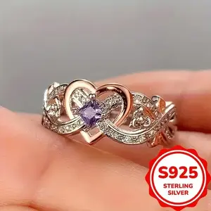1pc Elegant 925 Sterling Infinity Heart Ring with Purple Synthetic Zirconia, Engagement Wedding Band, Daily  Special Occasion Jewelry, All Seasons Compatible