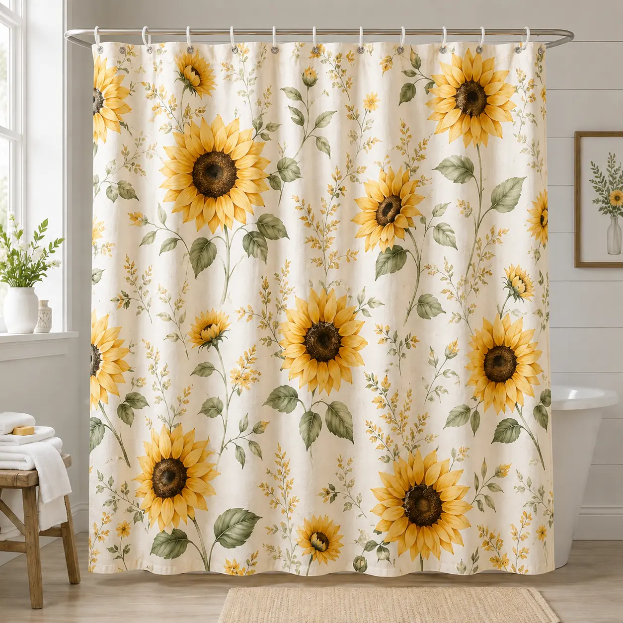 Sunflower Shower Curtain with 12 Plastic Hooks, Water-Repellent Polyester Pongee Floral Bathroom Curtain, Farmhouse Botanical Bath Decor, Machine Washable 72 x 72 in