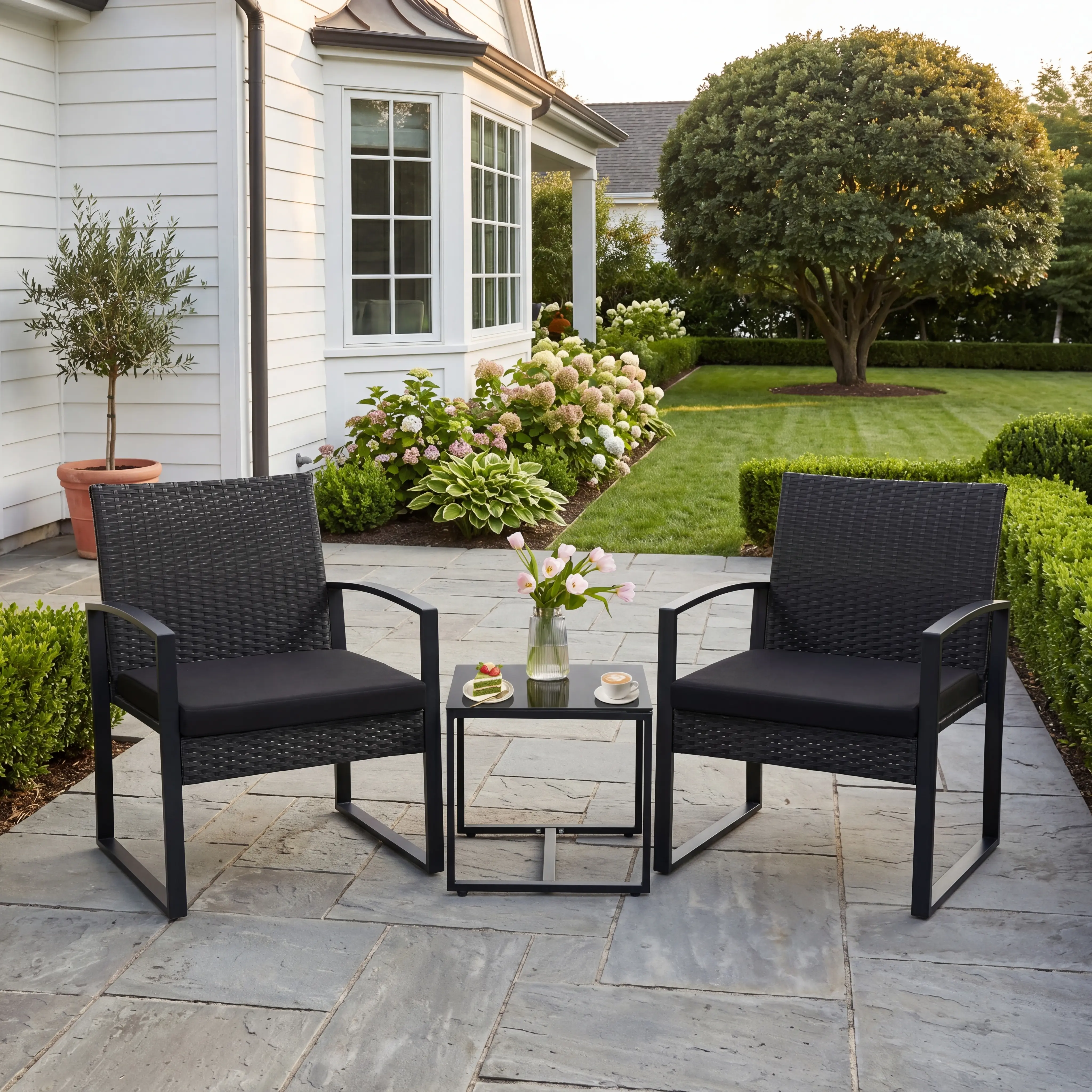 MURAGO 3-Piece Outdoor Furniture Set, Patio Bistro Set with Waterproof Wicker Chairs, Glass Table & Cushions for Garden, Balcony Clearance, Patio Furniture Set summergarden,home decor,camping essentials