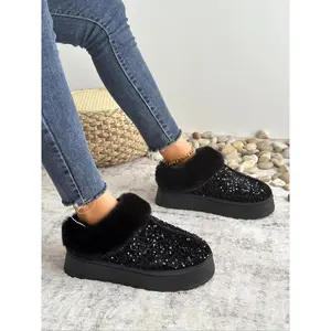 Women's Fashionable Sequin Decorated Platform Slippers, Casual Soft Comfortable Home Slippers, Warm Slippers for Indoor & Outdoor Use for Fall & WinterGift