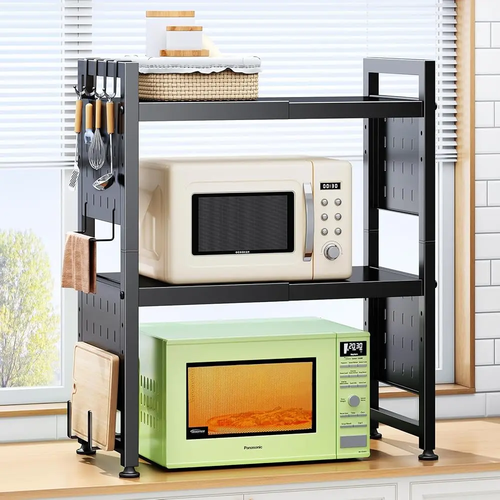 Kitstorack Adjustable Microwave Oven Rack,Microwave Stand Shelf Heavy Duty 2-Tier/3-Tier Shelf with Cutting Boards Stand for Kitchen Shelves Counter Top Organizer, 2-Tier Holds 120lbs,3-Tier 180lbs,9 Hooks