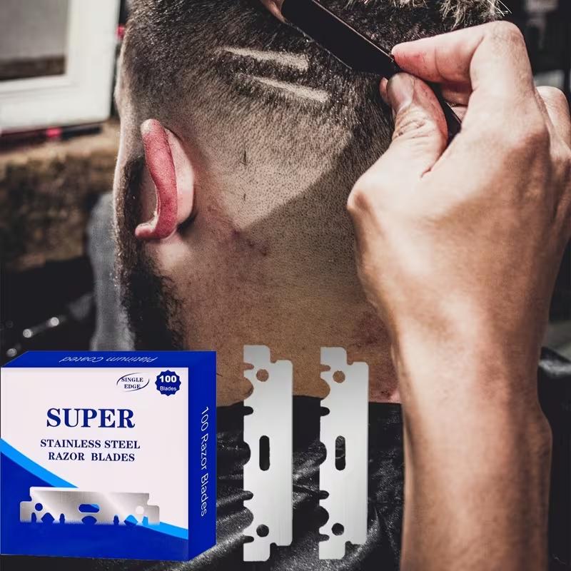 100pcs Stainless Steel Half-Edge Razor Blades for Haircuts - Vintage Manual Shaving Tools, Professional Barber Supplies
